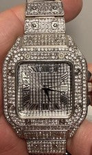 Reloj Iced Out Caquo Para Hombre Lujo Mosaico Patrón Diamante Plata Acero Inoxidable