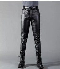 Pantalones de motociclista de cuero negro genuino para hombre