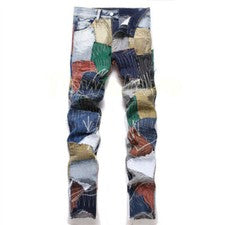 Pantalones de mezclilla para hombre con retazos Pantalones de costura Moda Calce ajustado Informales Jeans