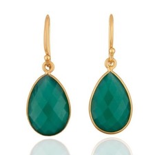 Pendientes colgantes de plata de ley 925 enchapados en oro de 18 quilates de ónix verde natural joyería