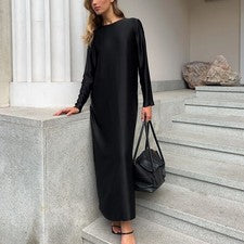 Vestido para mujer con fondo de moda manga larga dividido satinado y molido vestido de cadera