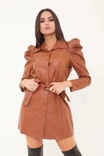 Elegante Vestido Camisa Informal Para Mujer Negro Cuero Genuino Hecho a Mano Moda