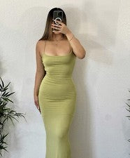 Maxi Vestido Moda Boutique Para Mujer Verde Halter Suave Sirena Doble Forrado