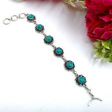Brazalete Joyería Plata de Ley 925 Hecho a Mano con Piedras Preciosas Turquesa Azul Tamaño 7-8"