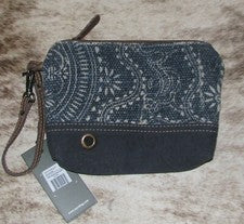 Bolso sin asas Myra Bag #1321 cuero, lona, alfombra 9"x6,5" bolsa muñeca ~ estampado azul marino ~