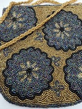 Cartera para mujer hecha a mano con cuentas azul/dorado y seda ropa de fiesta bandolera 7"x 7"