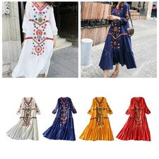 "Vestido largo de mujer con escote en V, bordado con estampado floral, ideal para"