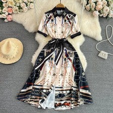 Vestido midi de pasarela de moda de verano para mujer manga corta abatible m-xxl