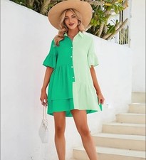 Vestido Dos Tonos Verde Volantes Manga Corta Talla Grande Nuevo Sin Etiquetas