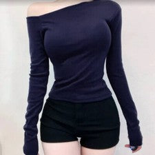 Mujeres Sexy Inclinado Hombro Mangas Largas Camiseta Calce Ajustado Moda Blusa Prendas para el torso
