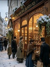 1895 Paris People Navegando en una Perfumería Ventana Nieve Caída 10x 8 Impresión.