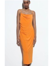 Nuevo con etiquetas Maxi Vestido Zara Para Mujer Naranja Capucha Cuello Rouch Tirantes Elastizado Talla S