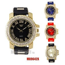 Reloj Bling Chapado en Oro Helado Diamante Simulado Analógico Banda Silicona Hip Hop