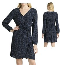 Mini Vestido Time and Tru Para Mujer Envolvente Azul Oscuro Estampado Animal Manga Larga Talla XS