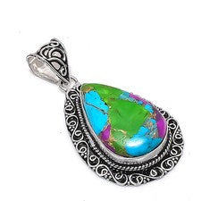 Colgante de plata de ley 925 hecho a mano con piedras preciosas turquesa algodón caramelo 2,21" O559