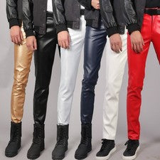 Pantalones elásticos ajustados y de moda para hombre de baile con barra de imitación de cuero