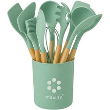 MaxLife Juego de Utensilios de Cocina de Silicona con Soporte, 12 Piezas - Verde Salvia, Madera