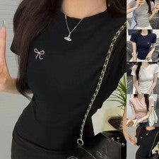 Mujer Verano Moda Camiseta Manga Corta con Lazo Estampado Vintage para Ocio