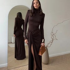Vestido Otoño/Invierno Moda Para Mujer Cuello Alto Manga Larga Ajustado Color Sólido