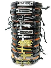 10 Pulseras Brazaletes Anillos Brazaletes Cuero al por mayor Cruz Bíblica Joyería