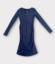 Vestido DJT Moda Para Mujer Pequeño Bodycon Midi Lateral Acanalado Acanalado Azul Marino Nuevo con Etiquetas