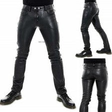 Pantalones de cuero elásticos ajustados de motociclista de cuero de PU de moda para hombre