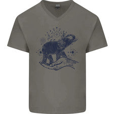 Camiseta de algodón estilo sacro elefante meditación tatuaje arte hombre cuello en V
