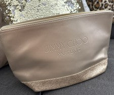 BOLSA DE MAQUILLAJE JIMMY CHOO PERFUMES ARTÍCULOS DE TOCADOR DORADA, ESTUCHE DE TRANSPORTE NUEVO CON ETIQUETAS
