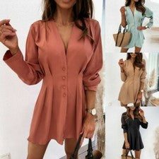 Mini Vestido Para Mujer Cuello en V Botón Manga Larga OL Oficina Cinturón Camisas Prendas para el torso Blusa