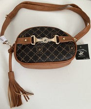 NUEVO CON ETIQUETAS Beverly Hills Polo Club Mujer Marrón Bandolera Cartera Bolso de Mano Borla Acento