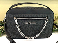 BOLSO BANDOLERA MUJER MICHAEL KORS GRANDE CADENA CREMALLERA NEGRO LOGOTIPO MK FIRMA PLATEADO