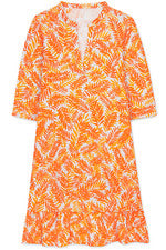 Vestido para mujer - Vestido naranja estampado hoja de palma - Vestido midi - Algodón - XL