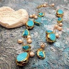 Gargantilla Collar Joyería Agua Dulce Rosa Patata Perla Azul Turquesa Jade