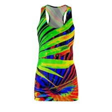 Vestido para mujer espalda cruzada estampado futurista neón tropical naturaleza colorido