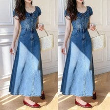 Moda Mujer Denim Bodycon Slim Vestido Largo Manga Corta Informal Jean Vestido