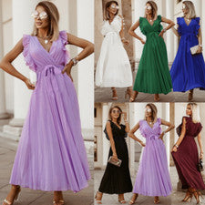 Mujer Playa Moda Delgado Sexy Volantes Manga Gasa Plisado Vestido Sólido