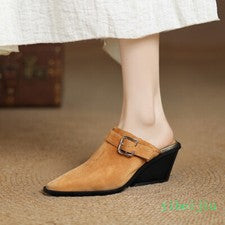 Sandalias de tacón medio de bloque con puntera puntiaguda para mujer Zapatos de gamuza de cuero OL