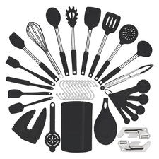 Juego de utensilios de cocina de silicona con mango de acero inoxidable, espátula Se...