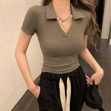 Camiseta de poliéster para mujer manga corta longitud regular elasticidad moderada top