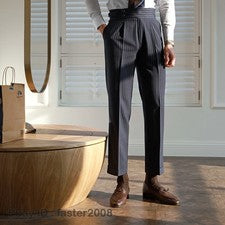 Pantalones rectos de cintura Gurkha Paris a rayas para hombre estilo británico pantalones de cintura alta