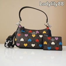 Nuevo con etiquetas Bolso de Hombro Coach CP112 Teri/Cartera Plegable CP424 Firma Lona Corazón Prt