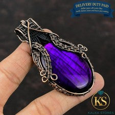 Colgante Ovalado Natural Púrpura Fuego Labradorita Boda Envuelto Alambre Joyería Cobre