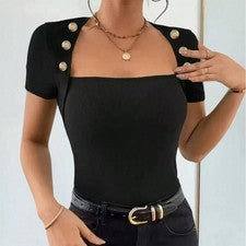Top de mujer para calce ajustado manga corta cuello cuadrado poliéster color puro regular