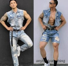Mamelucos de mezclilla para hombre de manga corta finos desmontables mono chaqueta moda verano