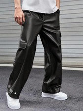 Pantalón negro de cuero grueso de vaca real para hombre - Pantalones estilo cargo bolsillos calce relajado