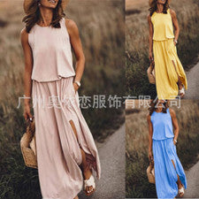Vestido para mujer verano moda cuello redondo sin mangas abertura color liso vestido