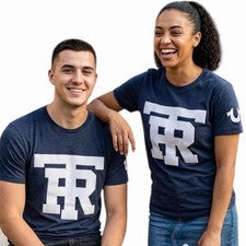 $79 TRUE RELIGION Azul Marino UNIVERSIDAD DE TR Camiseta Manga Corta Apliques Gráfico