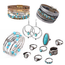 Juego de 3 pulseras de cuentas de piedra turquesa en capas 8 anillos de bohemia 2 piezas