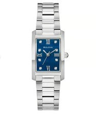 RARO Reloj para mujer Bulova Classic 96P262 esfera azul diamante acero inoxidable