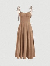 Vestido largo cami mujer caqui con volantes
